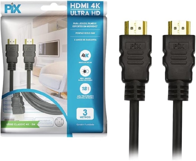 ➡️ PIX Cabo Hdmi 2.0 4K Hdr 19P 3M Gold, Preto